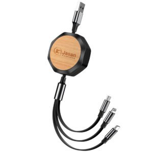 Custom 3-in-1 Octagonal Bamboo Retractable Charging Cable