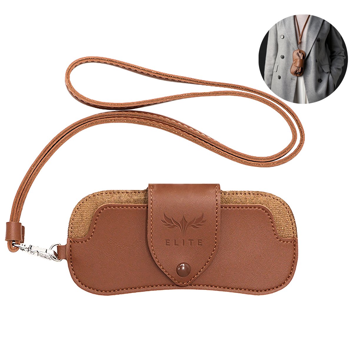 Custom PU Leather Glasses Pouch w/ Lanyard